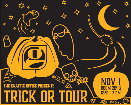 Black and orange square Instagram post reading 'Graffix Trick or Tour' with a pumpkin and a ghost