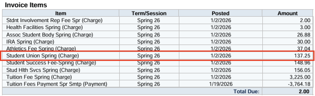 A university billing statement's Invoice Items table, with the Student Union Spring charge of 137.25 outlined in red.